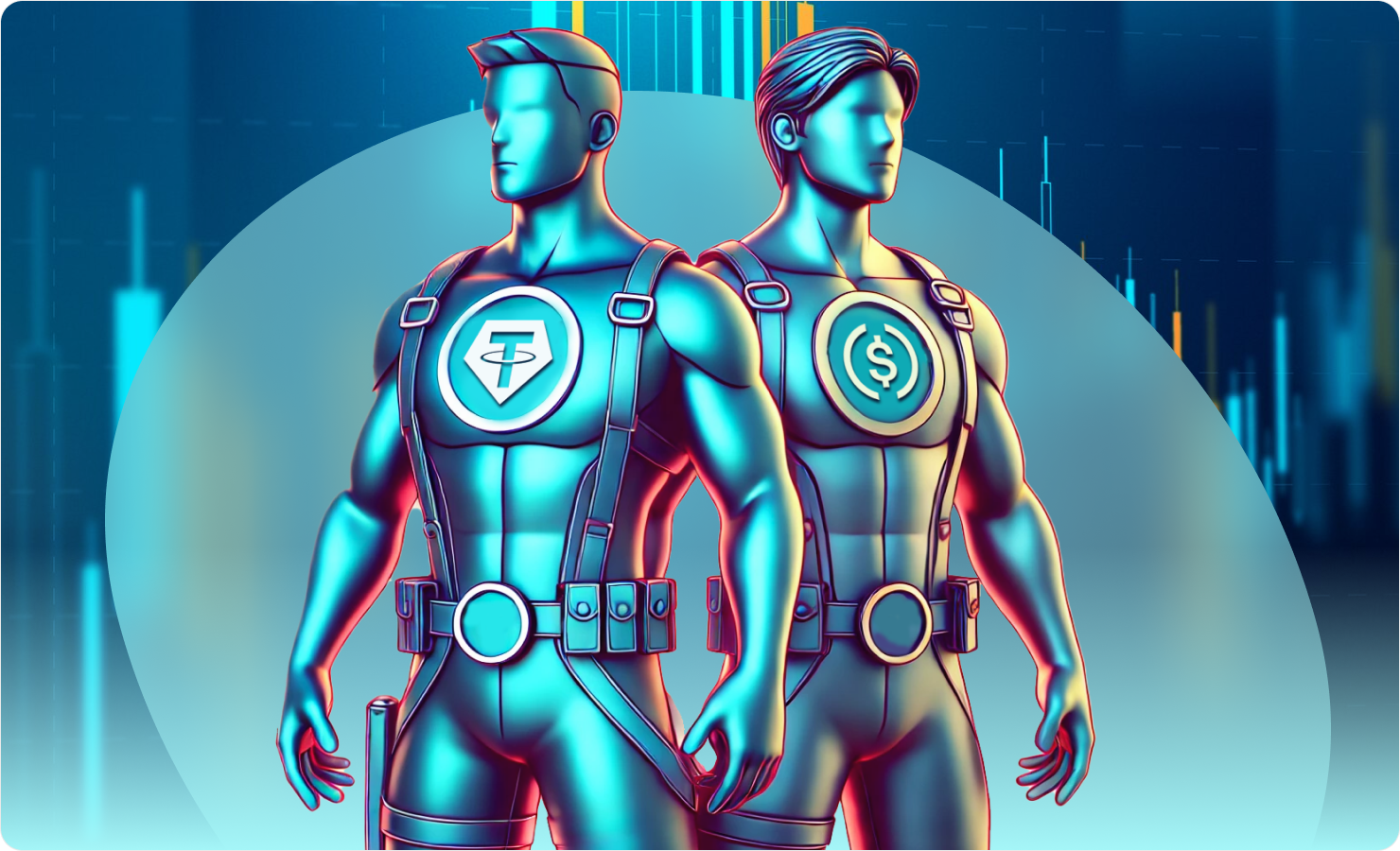 Two superhero figures symbolizing USDT and USDC with charts in the background.